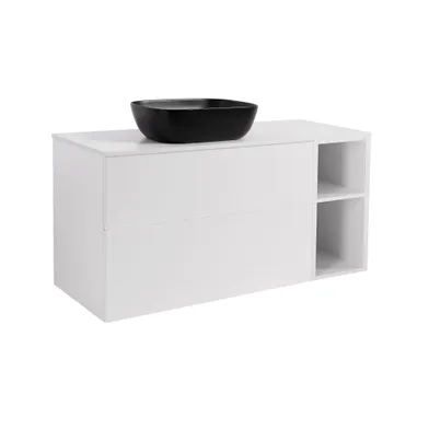 Möbelpaket Isella mattvit 90+30 inkl öppet sidoskåp, vit bänkskiva & svart rektangulärt tvättställ