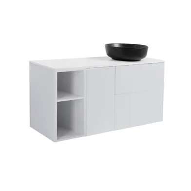 Möbelpaket Isella grå 60+30+30 tvättkorg & sidoskåp, vit bänkskiva & svart runt tvättställ