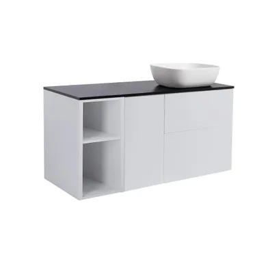 Möbelpaket Isella grå 60+30+30 tvättkorg & sidoskåp, svart bänkskiva & vit rektangulärt tvättställ