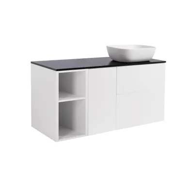 Möbelpaket Isella mattvit 60+30+30 tvättkorg & sidoskåp, svart bänkskiva & svart runt tvättställ