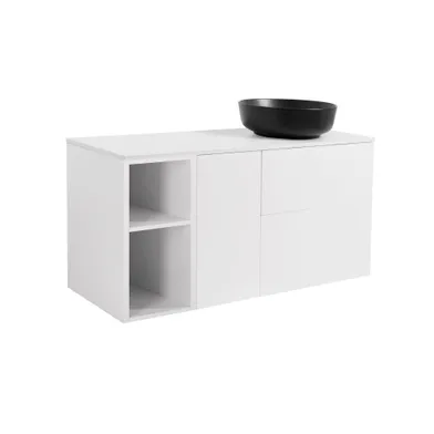 Möbelpaket Isella vit 60+30+30 tvättkorg & sidoskåp, vit bänkskiva & svart runt tvättställ