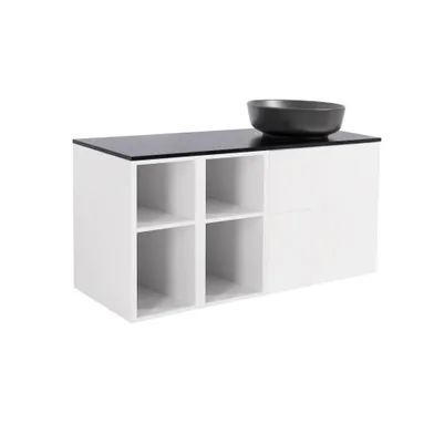 Möbelpaket Isella mattvit inkl två öppna sidoskåp, svart bänkskiva & svart runt tvättställ