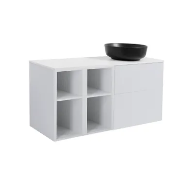 Möbelpaket Isella grå inkl två öppna sidoskåp, vit bänkskiva & svart runt tvättställ