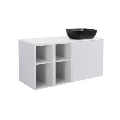 Möbelpaket Isella grå inkl två öppna sidoskåp, vit bänkskiva & svart rektagulärt tvättställ