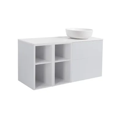 Möbelpaket Isella grå inkl två öppna sidoskåp, vit bänkskiva & vit runt tvättställ