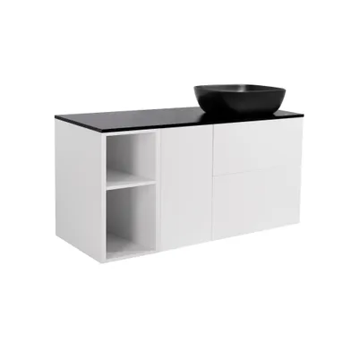 Möbelpaket Isella mattvit 60+30+30 tvättkorg & sidoskåp, svart bänkskiva & svart rektang. tvättställ