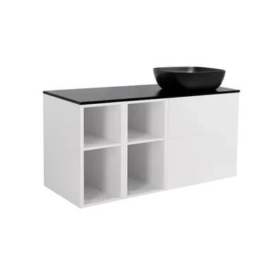 Möbelpaket Isella mattvit inkl två öppna sidoskåp, svart bänkskiva & svart rektagulärt tvättställ