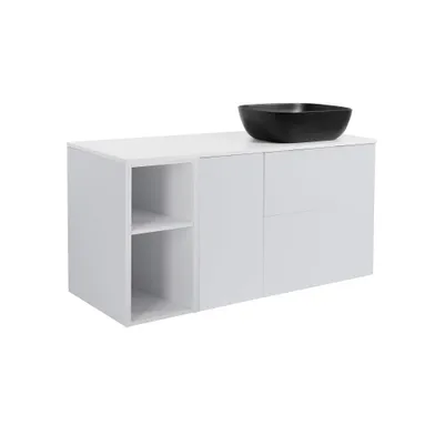 Möbelpaket Isella grå 60+30+30 tvättkorg & sidoskåp, vit bänkskiva & svart rektangulärt tvättställ