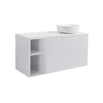 Möbelpaket Isella grå 60+30+30 tvättkorg & sidoskåp, vit bänkskiva & vit runt tvättställ