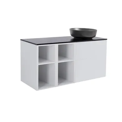 Möbelpaket Isella grå inkl två öppna sidoskåp, svart bänkskiva & svart runt tvättställ