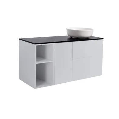 Möbelpaket Isella grå 60+30+30 tvättkorg & sidoskåp, svart bänkskiva & vit runt tvättställ