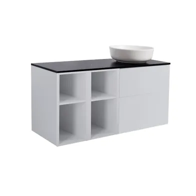 Möbelpaket Isella grå inkl två öppna sidoskåp, svart bänkskiva & vit runt tvättställ