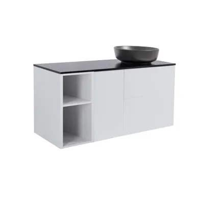 Möbelpaket Isella grå 60+30+30 tvättkorg & sidoskåp, svart bänkskiva & svart runt tvättställ