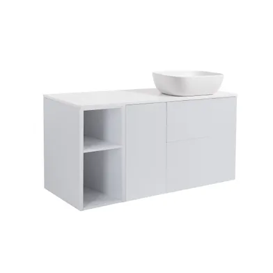 Möbelpaket Isella grå 60+30+30 tvättkorg & sidoskåp, vit bänkskiva & vit rektangulärt tvättställ