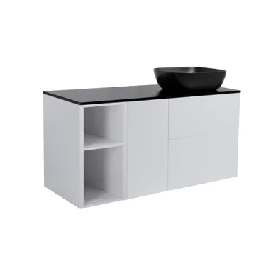 Möbelpaket Isella grå 60+30+30 tvättkorg & sidoskåp, svart bänkskiva & svart rektangulärt tvättställ