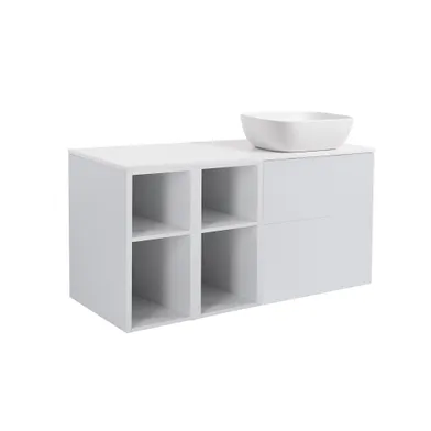 Möbelpaket Isella grå inkl två öppna sidoskåp, vit bänkskiva & vit rektagulärt tvättställ