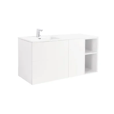 Möbelpaket Isella vit, inkl tvättställ med enkelho vänster, tvättkorg och öppet sidoskåp