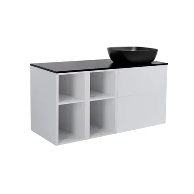 Möbelpaket Isella grå inkl två öppna sidoskåp, svart bänkskiva & svart rektagulärt tvättställ