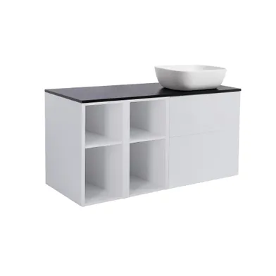 Möbelpaket Isella grå inkl två öppna sidoskåp, svart bänkskiva & vit rektagulärt tvättställ