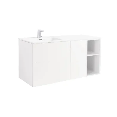 Möbelpaket Isella mattvit, inkl tvättställ med enkelho vänster, tvättkorg och öppet sidoskåp