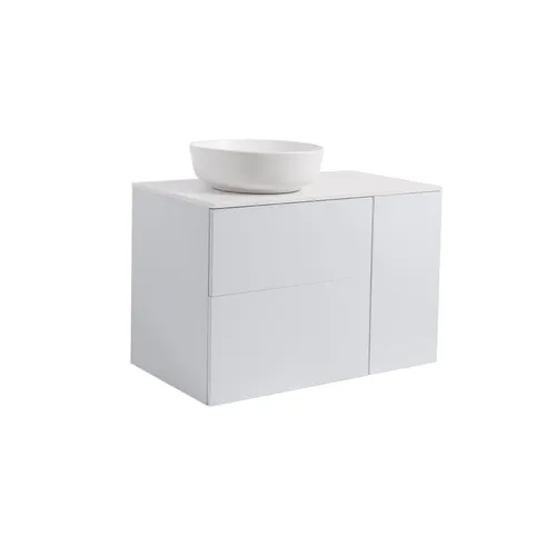 Kommod Isella 90 grå (60 kommod + 30 uskåp m tvkorg) vit bänkskiva o runt vitmatt tvättställ 42