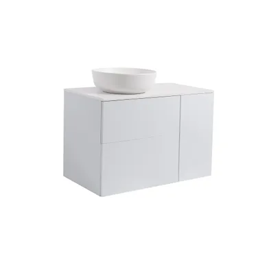 Kommod Isella 90 grå (60 kommod + 30 uskåp m tvkorg) vit bänkskiva o runt vitmatt tvättställ 42