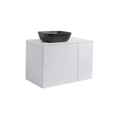 Kommod Isella 90 grå (60kommod+30uskåp tvkorg) vit bänkskiva o rektang svartmatt tvättställ 46x33