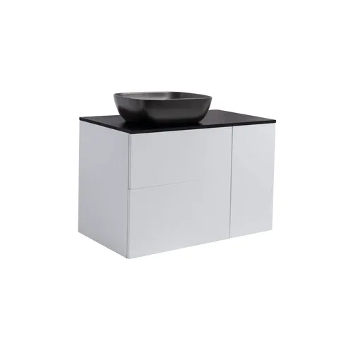 Kommod Isella 90 grå (60kommod+30uskåp tvkorg) svart bänkskiva o rektang svartmatt tvättställ 46x33