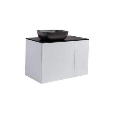 Kommod Isella 90 grå (60kommod+30uskåp tvkorg) svart bänkskiva o rektang svartmatt tvättställ 46x33