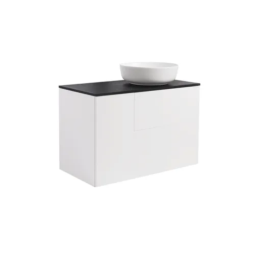 Kommod Isella 90 vit hb (60kommod+30uskåp m tvättkorg) svart bänkskiva o runt vitmatt tvättställ 42