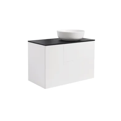 Kommod Isella 90 vit hb (60kommod+30uskåp m tvättkorg) svart bänkskiva o runt vitmatt tvättställ 42