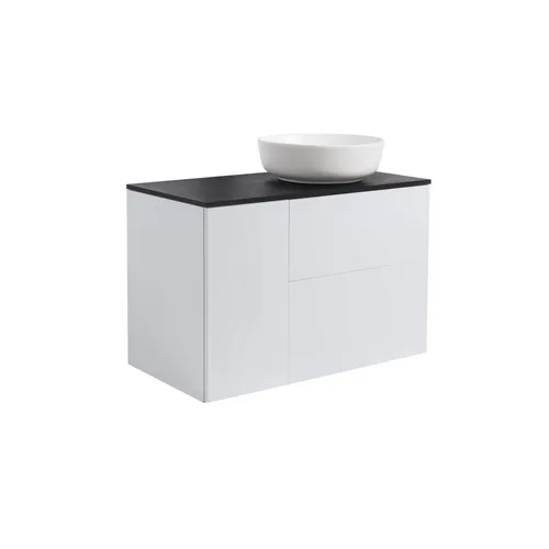 Kommod Isella 90 grå (60 kommod + 30 uskåp m tvkorg) svart bänkskiva o runt vitmatt tvättställ 42