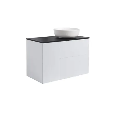 Kommod Isella 90 grå (60 kommod + 30 uskåp m tvkorg) svart bänkskiva o runt vitmatt tvättställ 42