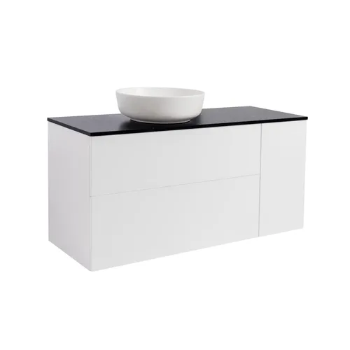 Kommod Isella 120 vitmatt (90kommod+30uskåp m tvkorg) svart bänkskiva runt vitmatt tvättställ 42