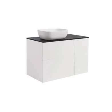 Kommod Isella 90 vitmatt (60kommod+30uskåp m tvkorg) svart bänkskiva rekt vitmatt tvättställ 46x33