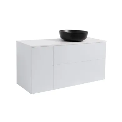 Kommod Isella 120 grå (90 kommod + 30 uskåp tvkorg) vit bänkskiva o runt svartmatt tvättställ 42