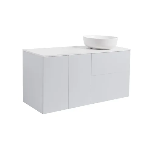 Kommod Isella 120 grå (60 kommod + 30 uskåp m tvkorg) vit bänkskiva o runt vitmatt tvättställ 42