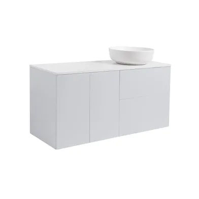 Kommod Isella 120 grå (60 kommod + 30 uskåp m tvkorg) vit bänkskiva o runt vitmatt tvättställ 42