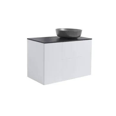 Kommod Isella 90 grå (60kommod+30uskåp m tvkorg) svart bänkskiva o runt svartmatt tvättställ 42