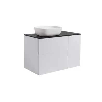 Kommod Isella 90 grå (60kommod+30uskåp tvkorg) svart bänkskiva o rektang vitmatt tvättställ 46x33