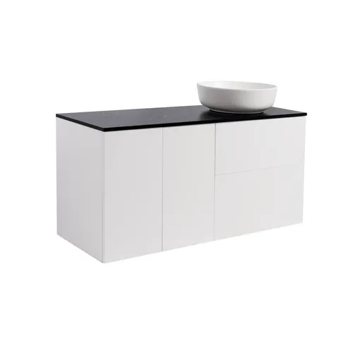 Kommod Isella 120 vit hb (60kommod+30uskåp m tvkorg) svart bänkskiva o runt vitmatt tvättställ 42