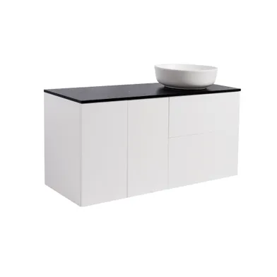 Kommod Isella 120 vit hb (60kommod+30uskåp m tvkorg) svart bänkskiva o runt vitmatt tvättställ 42