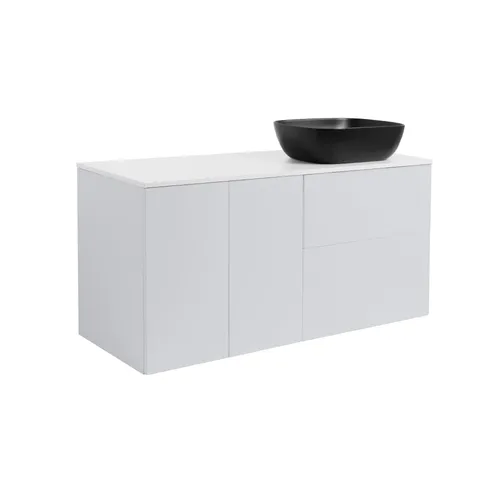 Kommod Isella 120 grå (60kommod+30uskåp tvkorg) vit bänkskiva o rektang svartmatt tvättställ 46x33