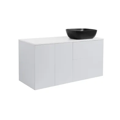 Kommod Isella 120 grå (60kommod+30uskåp tvkorg) vit bänkskiva o rektang svartmatt tvättställ 46x33