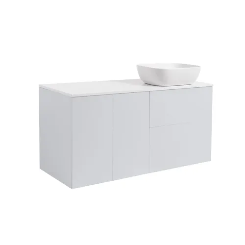 Kommod Isella 120 grå (60kommod+30uskåp tvkorg) vit bänkskiva o rektang vitmatt tvättställ 46x33