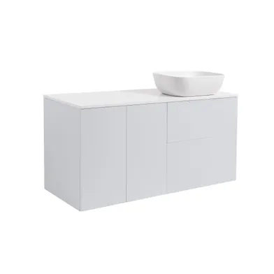 Kommod Isella 120 grå (60kommod+30uskåp tvkorg) vit bänkskiva o rektang vitmatt tvättställ 46x33