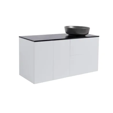 Kommod Isella 120 grå (60kommod+30uskåp m tvkorg) svart bänkskiva o runt svartmatt tvättställ 42