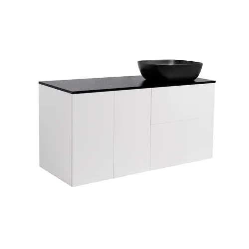 Kommod Isella 120 vit hb (60kommod+30uskåp m tvkorg) svart bänkskiva rekt svartmat tvättställ 46x33