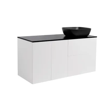 Kommod Isella 120 vit hb (60kommod+30uskåp m tvkorg) svart bänkskiva rekt svartmat tvättställ 46x33