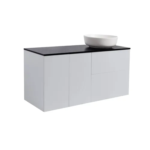 Kommod Isella 120 grå (60kommod+30uskåp m tvkorg) svart bänkskiva o runt vitmatt tvättställ 42